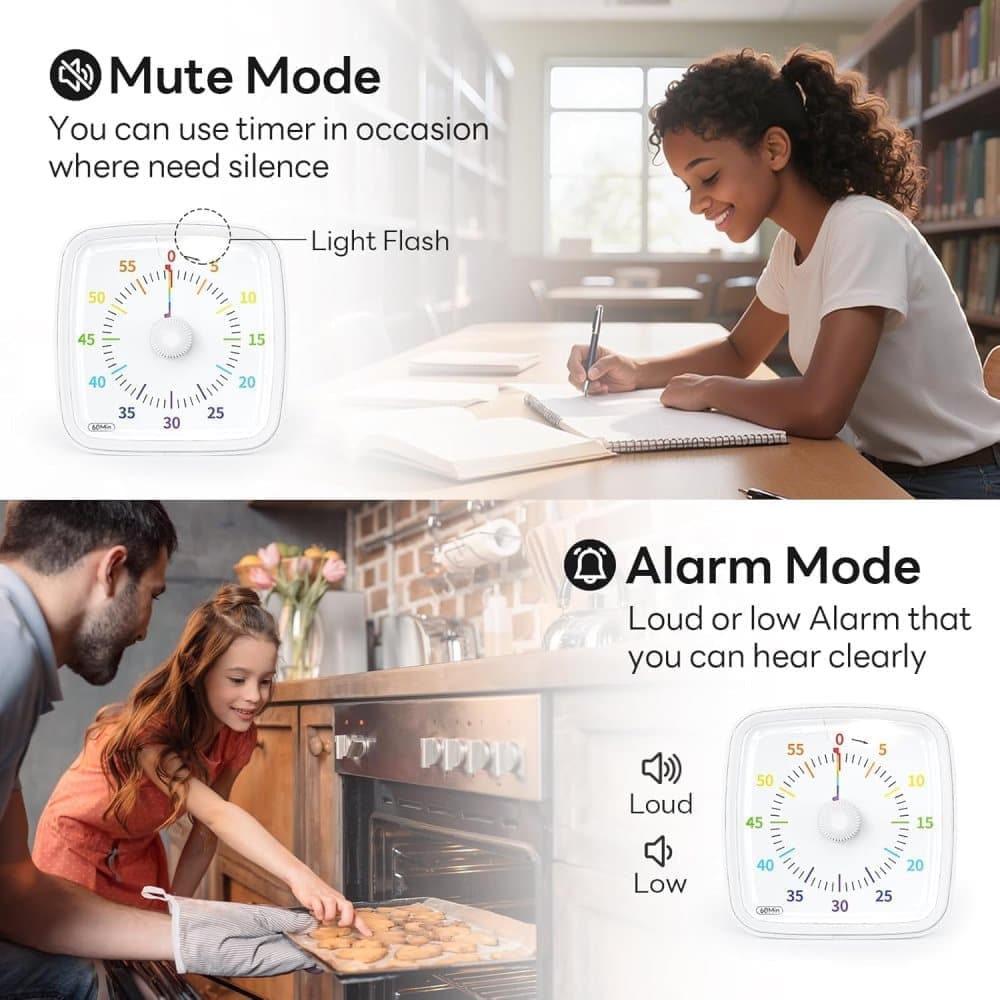 60 Minutes Visual Timer with Rainbow Pattern, Silent Flash Function, Adjustable Volume, White V1188-MS-325-0126