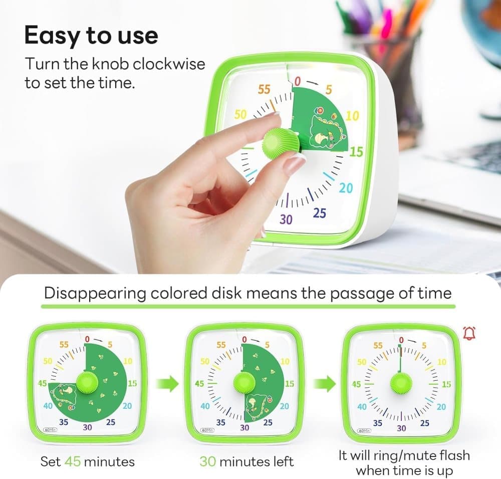 60 Minutes Visual Timer with Rainbow Pattern, Silent Flash Function, Adjustable Volume, Green V1188-MS-325-0127