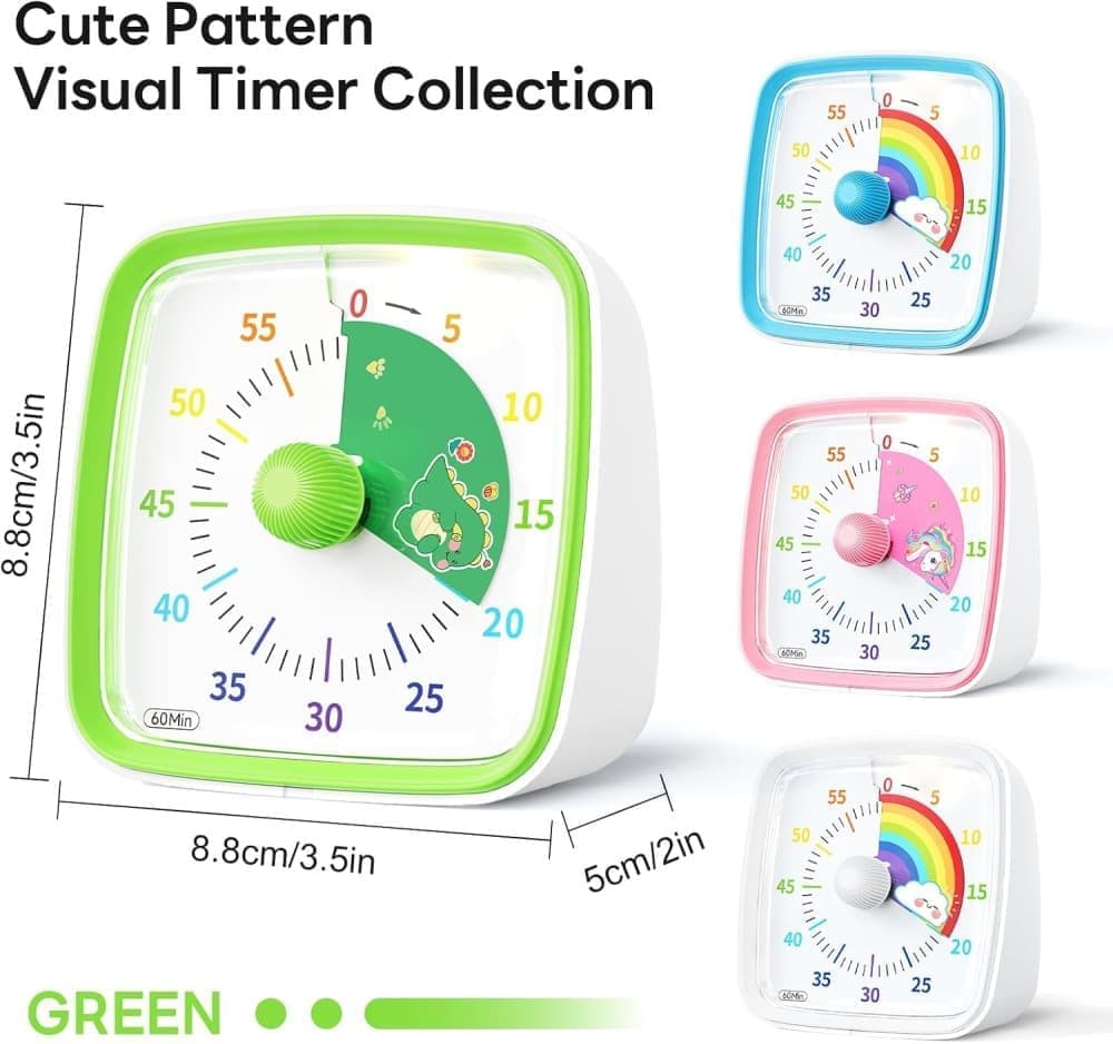 60 Minutes Visual Timer with Rainbow Pattern, Silent Flash Function, Adjustable Volume, Green V1188-MS-325-0127