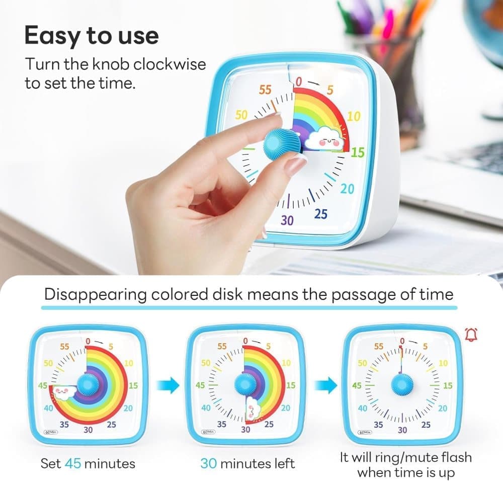 60 Minute Visual Timer with Rainbow Pattern, Silent Flash Function, Adjustable Volume, Blue V1188-MS-325-0128