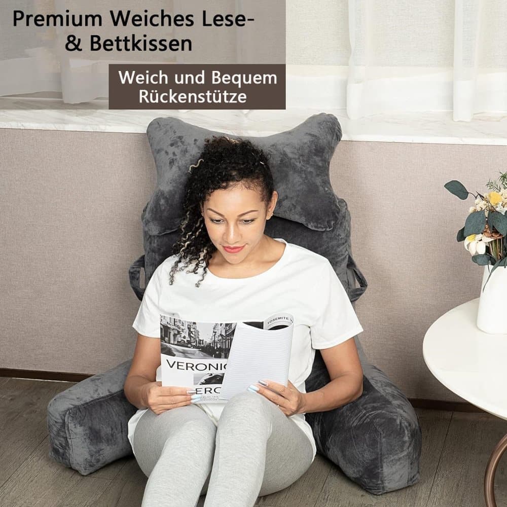 1 Piece Extra Large Back Cushion with Armrests for Bed and Sofa, Gray V1188-MS-325-0131