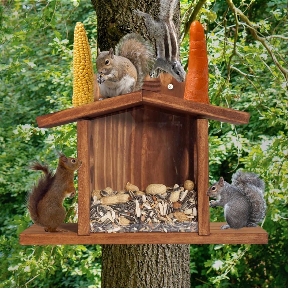 Wooden Squirrel Feeder with Removable Front Panel, Durable Outdoor Feeding Station, Easy to Fill V1188-MS-325-0133