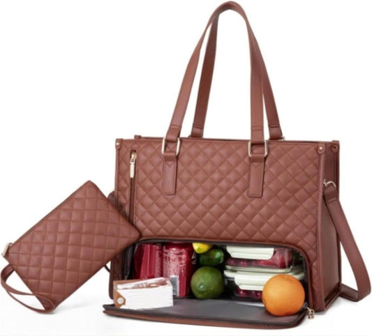 15.6 Inch 2-in-1 Insulated Leak-Proof Handbag and Lunch Bag Cooler Laptop Bag for Work, Brown V1188-MS-325-0147
