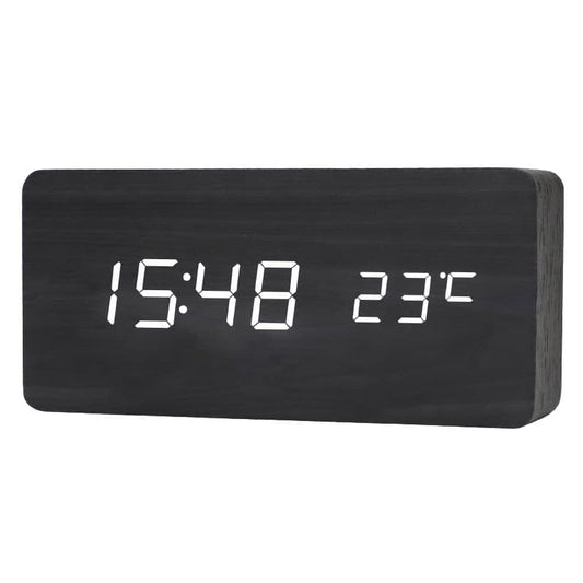 LED Alarm Clock with USB Charger, Silent Wooden Design for Bedrooms and Travel, 12/24h LCD Display, Black V1188-MS-325-0162