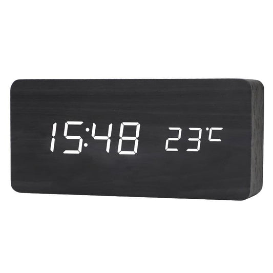 LED Alarm Clock with USB Charger, Silent Wooden Design for Bedrooms and Travel, 12/24h LCD Display, Black V1188-MS-325-0162