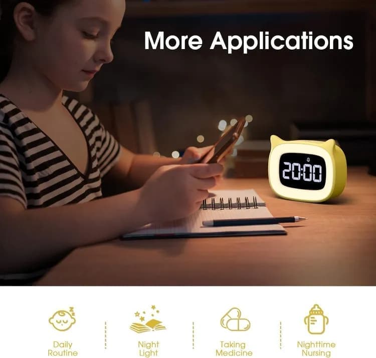 Yellow Digital LED Alarm Clock with Silent Operation, 5 Volume Levels, 5-Color Night Light, 18 Natural V1188-MS-325-0176