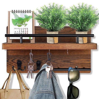 7-Hook Wall Mounted Wooden Key Holder with Storage Tray, 30 cm, for Hallway Corridor Bedroom & Office V1188-MS-325-0190