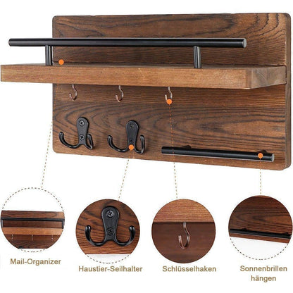 7-Hook Wall Mounted Wooden Key Holder with Storage Tray, 30 cm, for Hallway Corridor Bedroom & Office V1188-MS-325-0190
