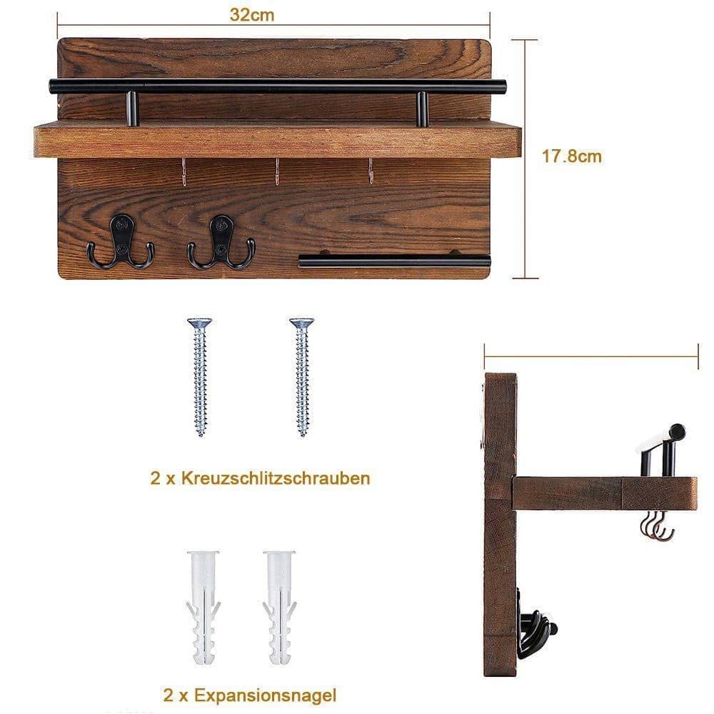 7-Hook Wall Mounted Wooden Key Holder with Storage Tray, 30 cm, for Hallway Corridor Bedroom & Office V1188-MS-325-0190