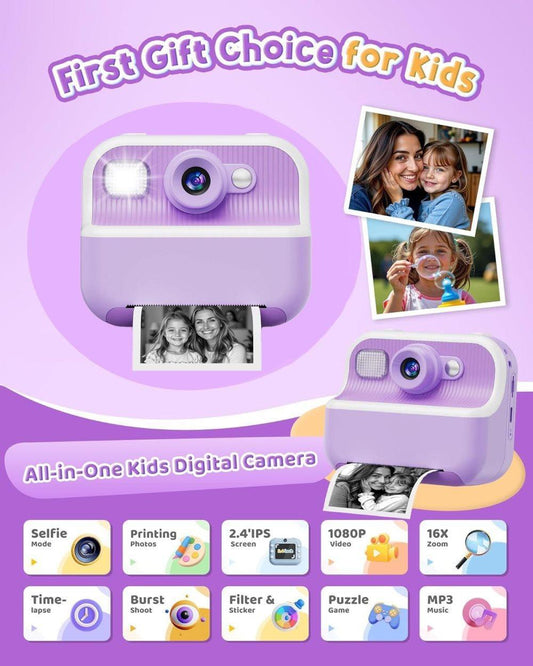 32GB Kids Digital Camera with 1080P HD and Instant Printing, 2.4-Inch Screen, Includes Paper, for Ages 3-12, V1188-MS-325-0193