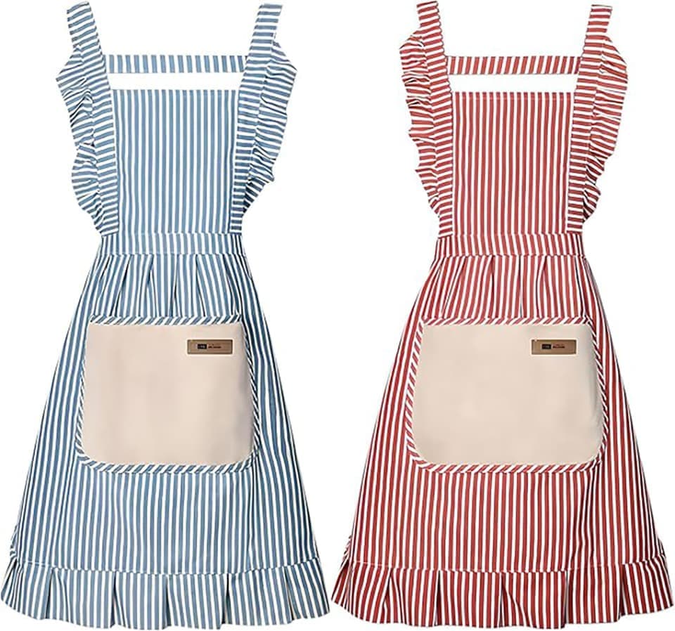 2-Pack Women's Cotton Linen Blend Kitchen Apron with Adjustable Straps and Lace Pocket, Pink V1188-MS-325-0203