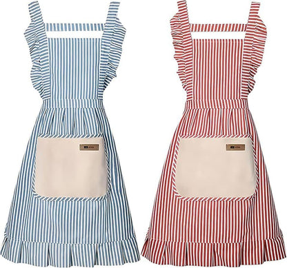 2-Pack Women's Cotton Linen Blend Kitchen Apron with Adjustable Straps and Lace Pocket, Pink V1188-MS-325-0203