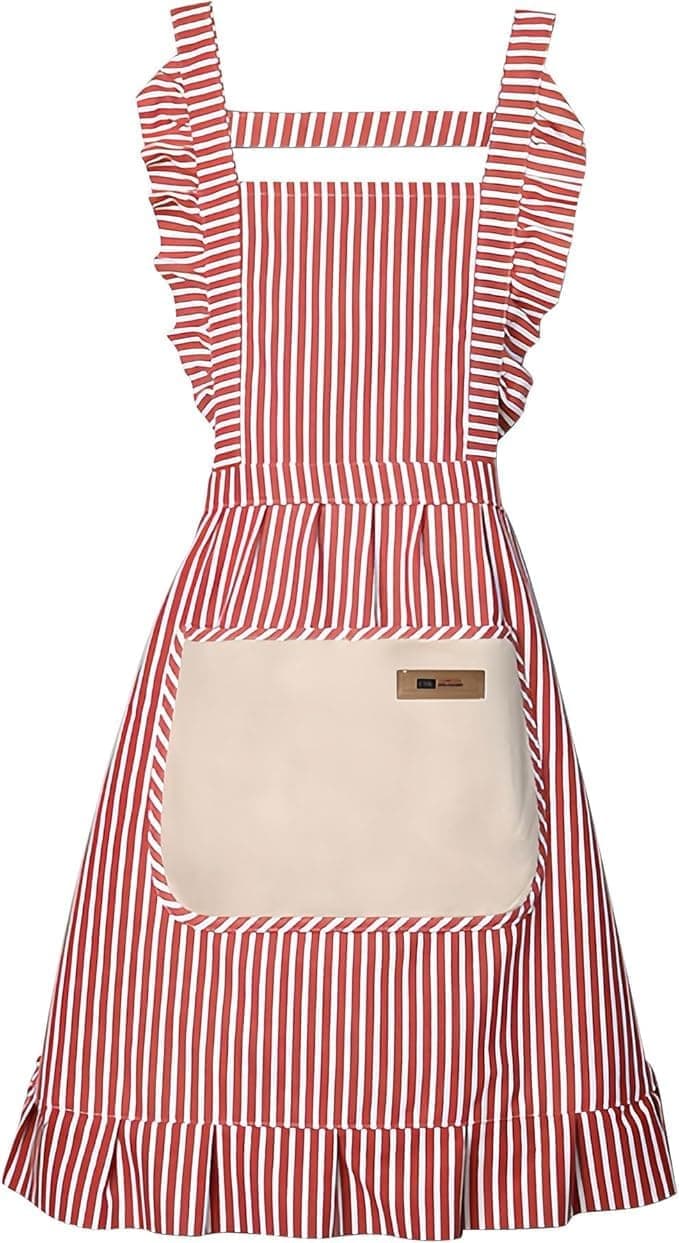 2-Pack Women's Cotton Linen Blend Kitchen Apron with Adjustable Straps and Lace Pocket, Pink V1188-MS-325-0203