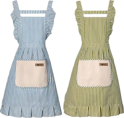 2-Pack Women's Kitchen Apron with Adjustable Straps, Cotton Linen Blend, Lace Pocket, Green V1188-MS-325-0204