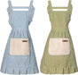 2-Pack Women's Kitchen Apron with Adjustable Straps, Cotton Linen Blend, Lace Pocket, Green V1188-MS-325-0204