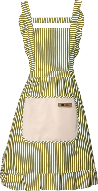 2-Pack Women's Kitchen Apron with Adjustable Straps, Cotton Linen Blend, Lace Pocket, Green V1188-MS-325-0204
