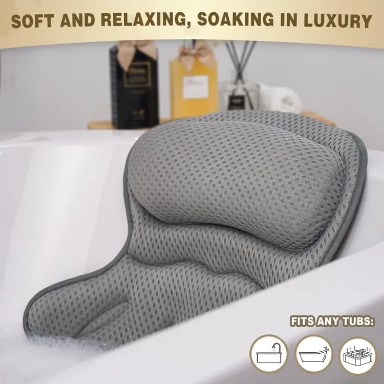 6 Suction Cups Bathtub Cushion with Ergonomic Neck and Back Support 4D Air Mesh, Gray V1188-MS-325-0225