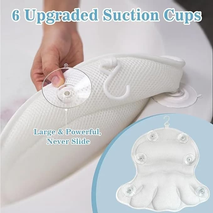 6 Suction Cups Bathtub Cushion with Ergonomic Neck and Back Support 4D Air Mesh, White V1188-MS-325-0226