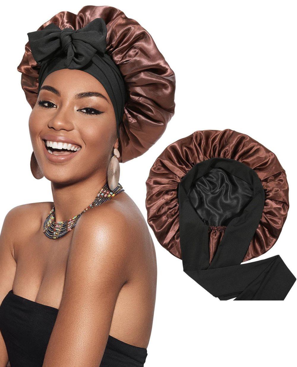 Silky Satin Sleeping Cap for Women and Girls, Double Layer Hair Protection, Adjustable Fit, Coffee V1188-MS-325-0240