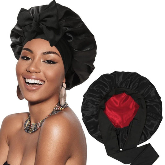 Silky Satin Sleeping Cap for Women and Girls, Double Layered Hair Protection Cap with Adjustable Fit, Black V1188-MS-325-0241