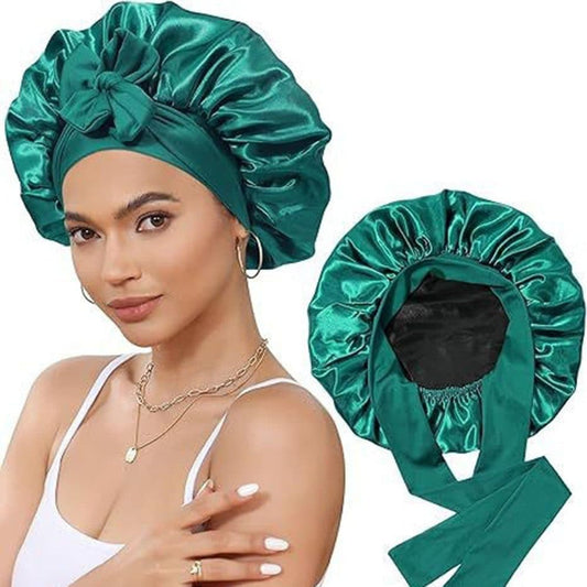 Silky Satin Sleeping Cap for Women and Girls, Double Layered Hair Protection, Adjustable Fit, Dark Green V1188-MS-325-0242