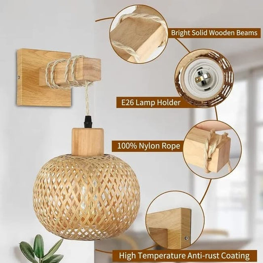 Bamboo wall lamp with lantern shape hand-woven lampshade, E26 lamp base, compatible with bedrooms and living V1188-MS-325-0246