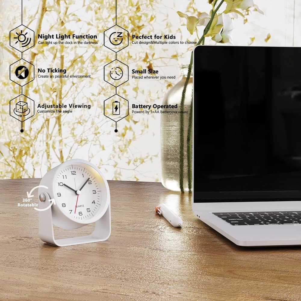 Analog Alarm Clock Silent with Night Light, Adjustable Angle for Travel Nightstand Bedroom, Metal Clock, V1188-MS-325-0265