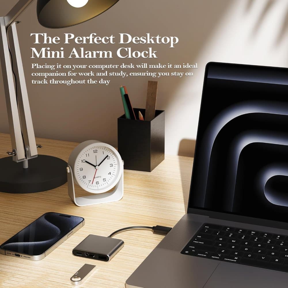 Analog Alarm Clock Silent with Night Light, Adjustable Angle for Travel Nightstand Bedroom, Metal Clock, V1188-MS-325-0265