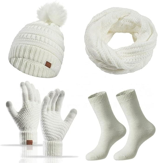 4-Piece Knitted Hat Scarf Gloves Socks Set for Women, White, with Pompom and Touch Gloves V1188-MS-325-0273