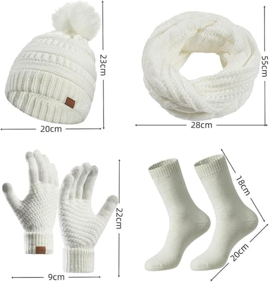 4-Piece Knitted Hat Scarf Gloves Socks Set for Women, White, with Pompom and Touch Gloves V1188-MS-325-0273