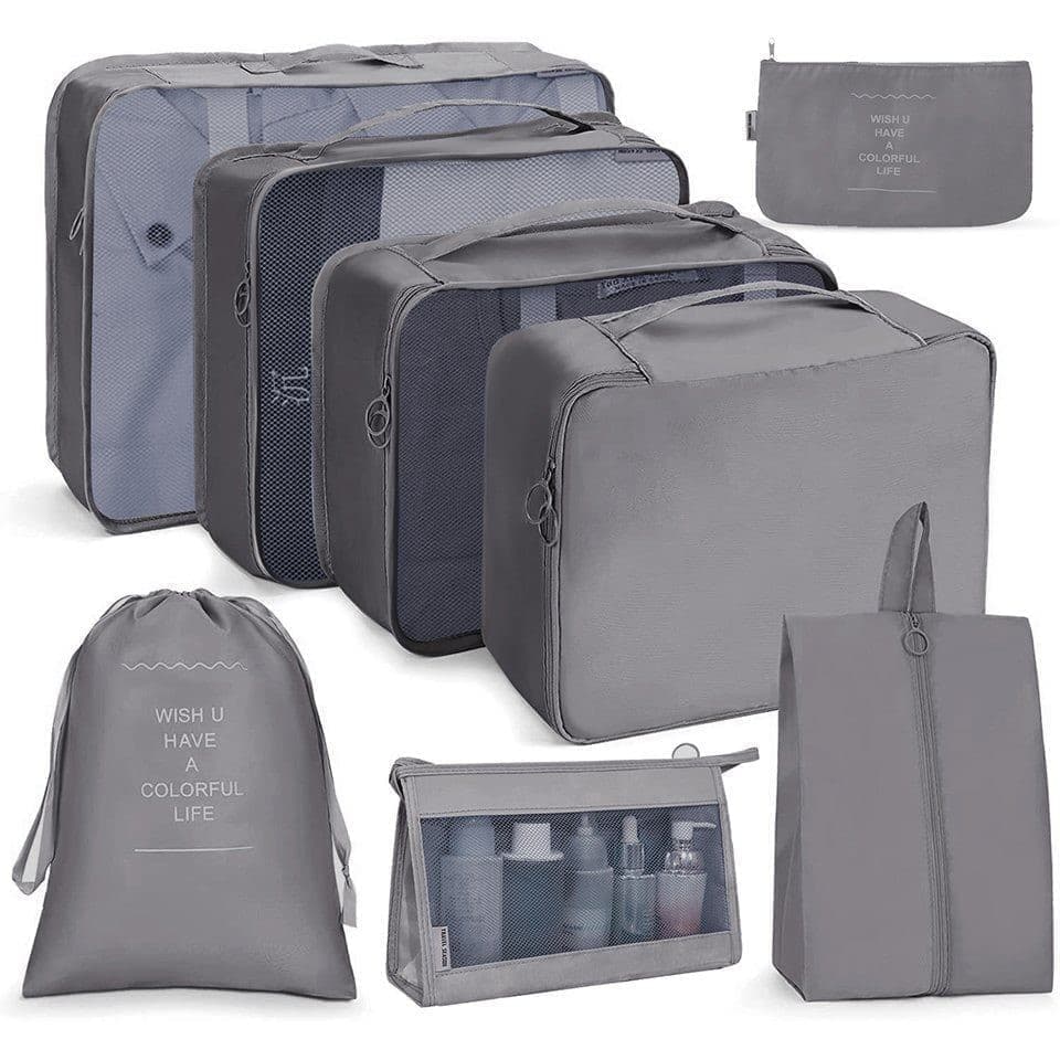 8-Piece Lightweight Water Resistant Travel Organizer for Bags, Gray V1188-MS-325-0293