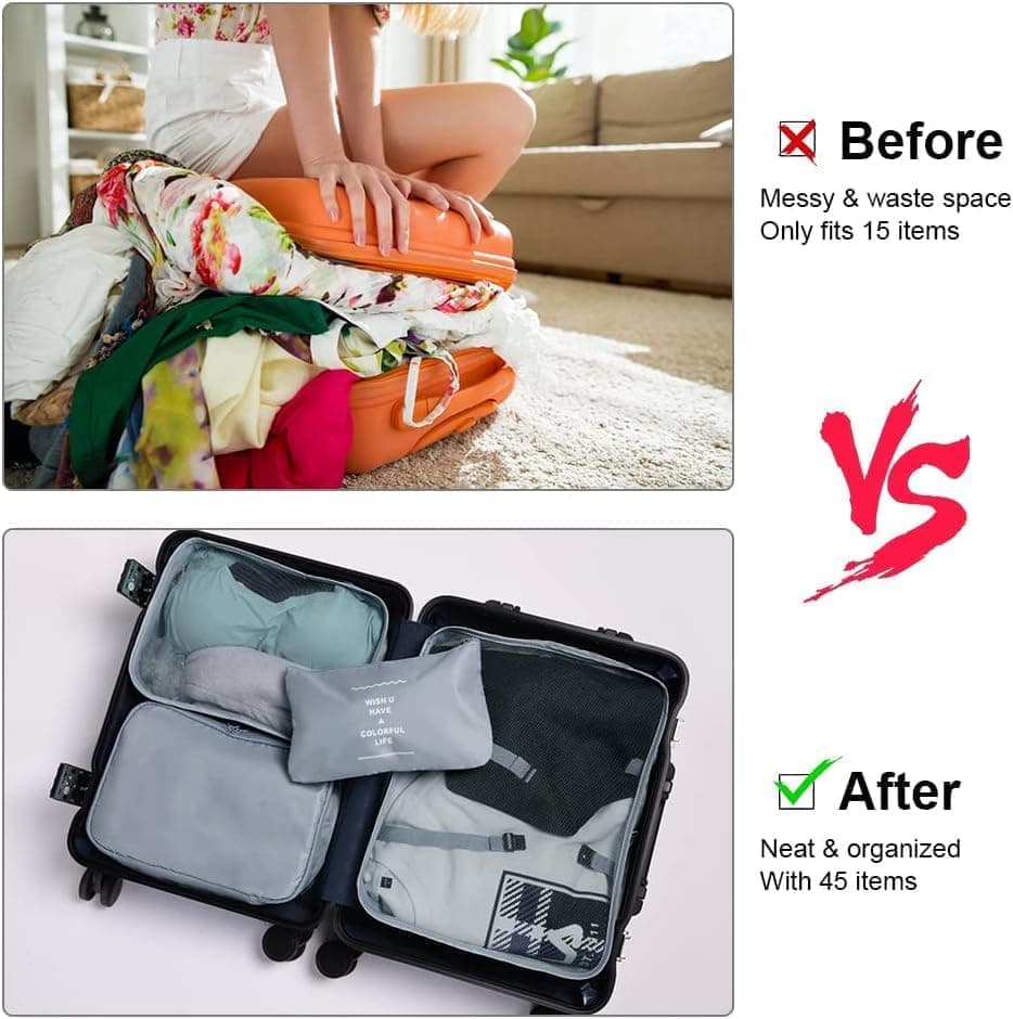 8-Piece Lightweight Water Resistant Travel Organizer for Bags, Gray V1188-MS-325-0293
