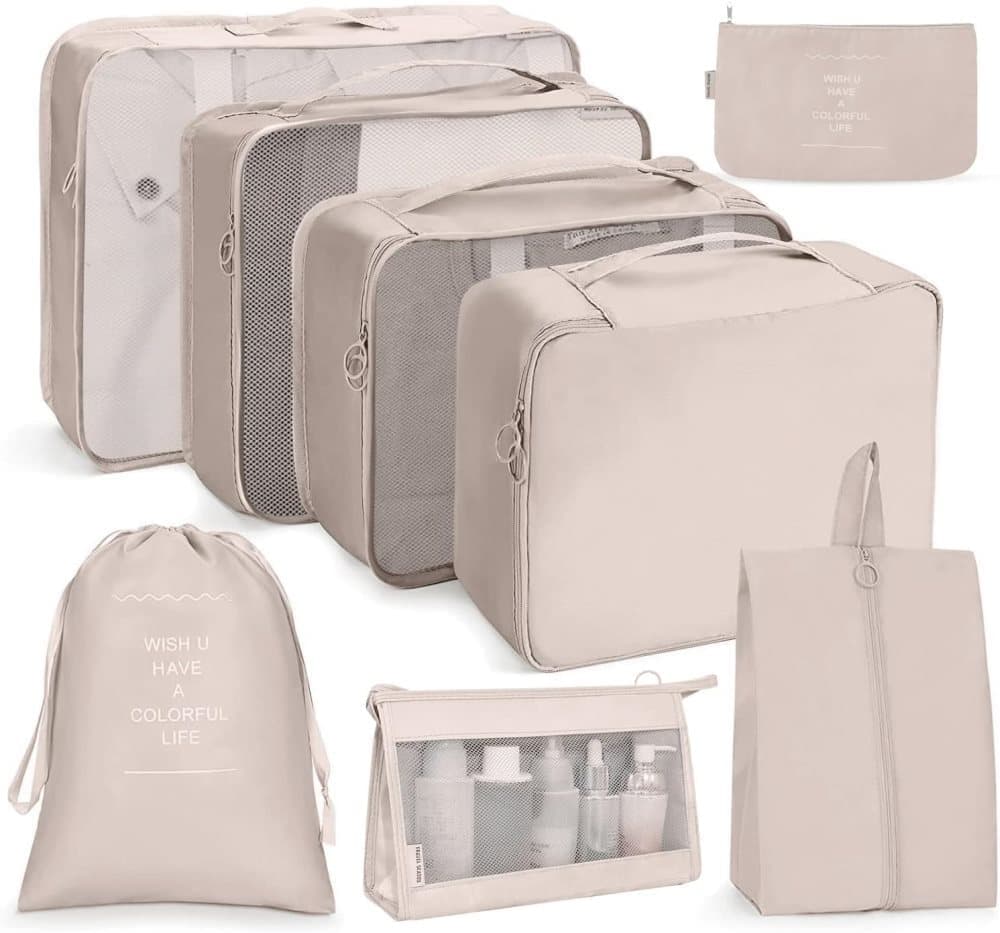 8-Piece Lightweight Water Resistant Travel Organizer for Bags, Beige V1188-MS-325-0294