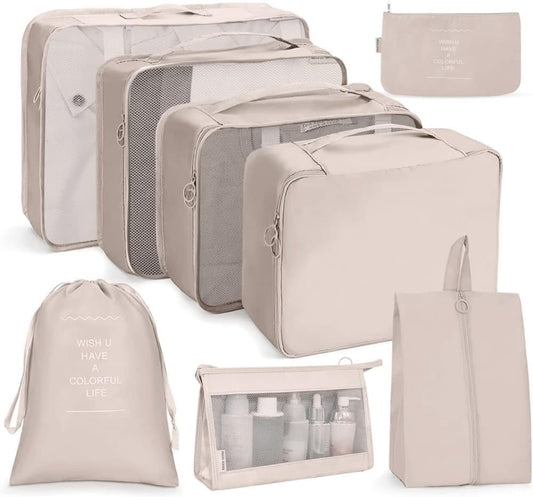 8-Piece Lightweight Water Resistant Travel Organizer for Bags, Beige V1188-MS-325-0294