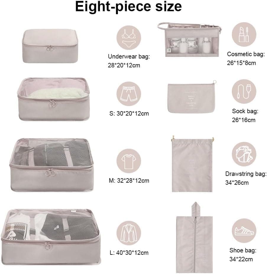 8-Piece Lightweight Water Resistant Travel Organizer for Bags, Beige V1188-MS-325-0294