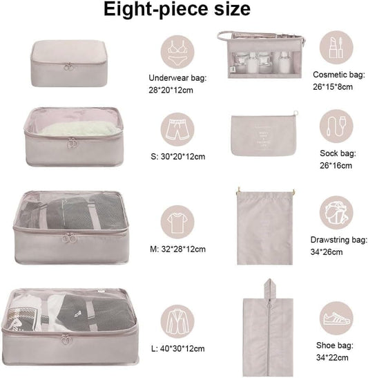 8-Piece Lightweight Water Resistant Travel Organizer for Bags, Beige V1188-MS-325-0294