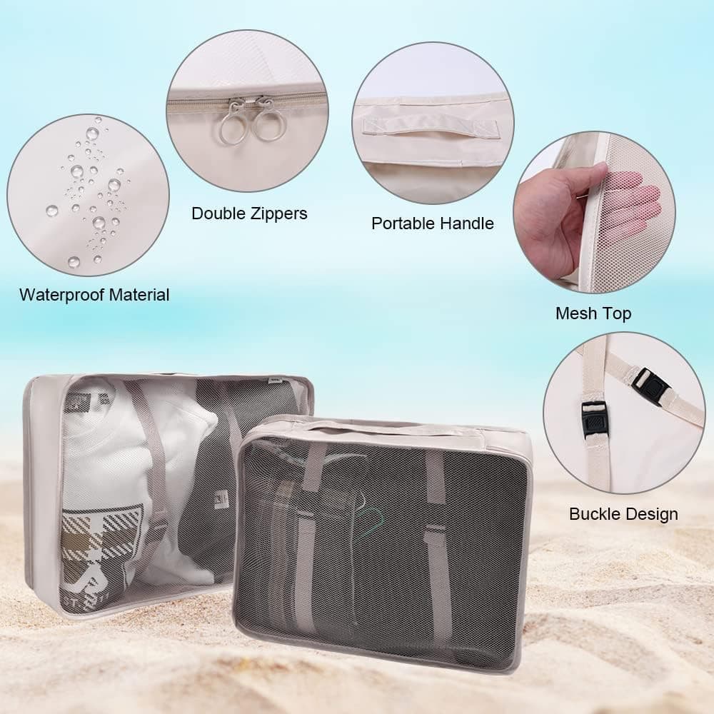 8-Piece Lightweight Water Resistant Travel Organizer for Bags, Beige V1188-MS-325-0294