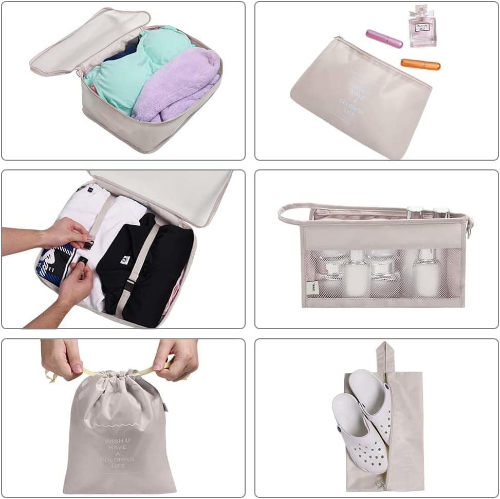 8-Piece Lightweight Water Resistant Travel Organizer for Bags, Beige V1188-MS-325-0294