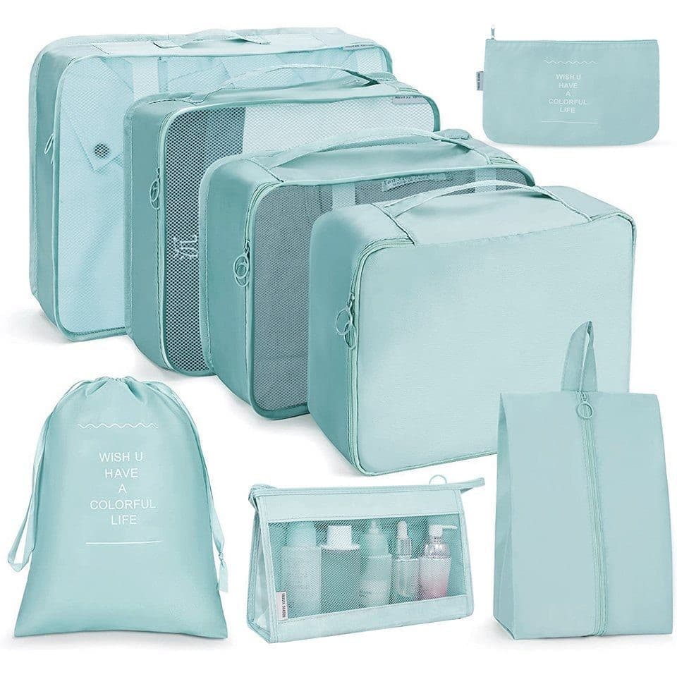 8-Piece Lightweight Water Resistant Travel Organizer for Bags, Light Blue V1188-MS-325-0295