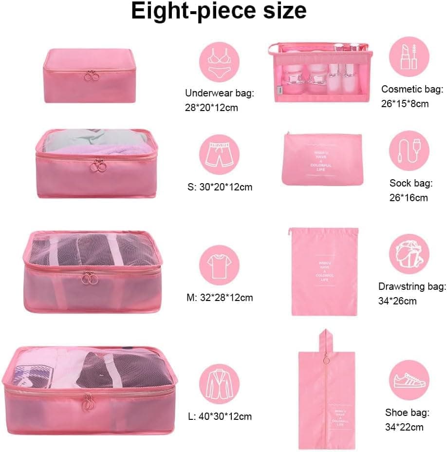 8-Piece Lightweight Water Resistant Travel Organizer for Bags, Pink V1188-MS-325-0297