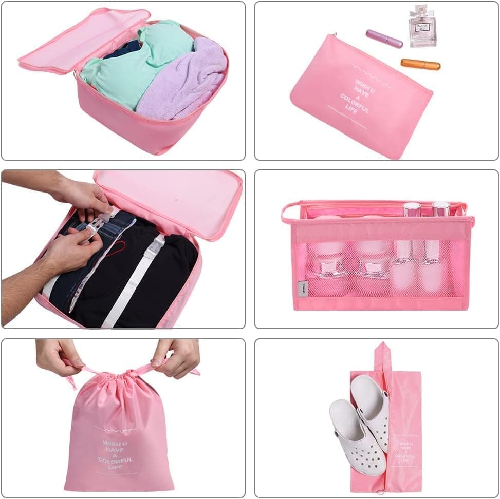 8-Piece Lightweight Water Resistant Travel Organizer for Bags, Pink V1188-MS-325-0297
