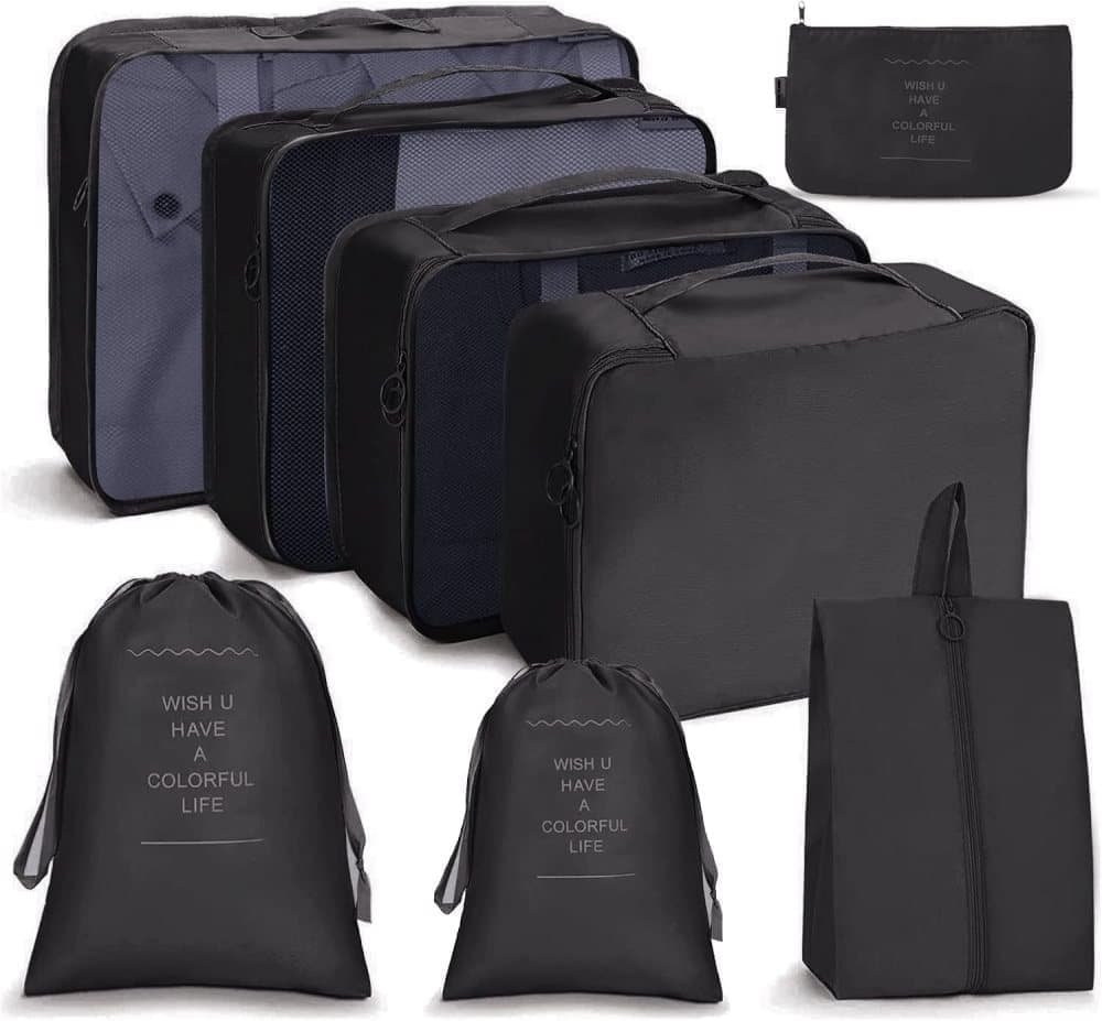 8-Piece Water Resistant Lightweight Travel Organizer for Bags, Black V1188-MS-325-0299