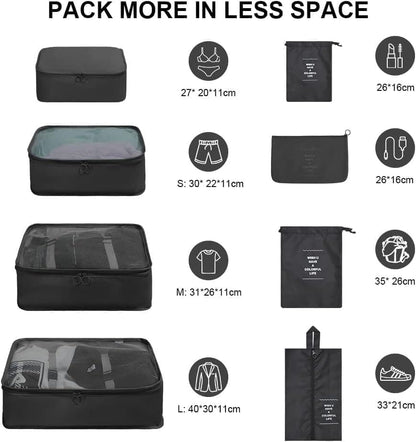 8-Piece Water Resistant Lightweight Travel Organizer for Bags, Black V1188-MS-325-0299