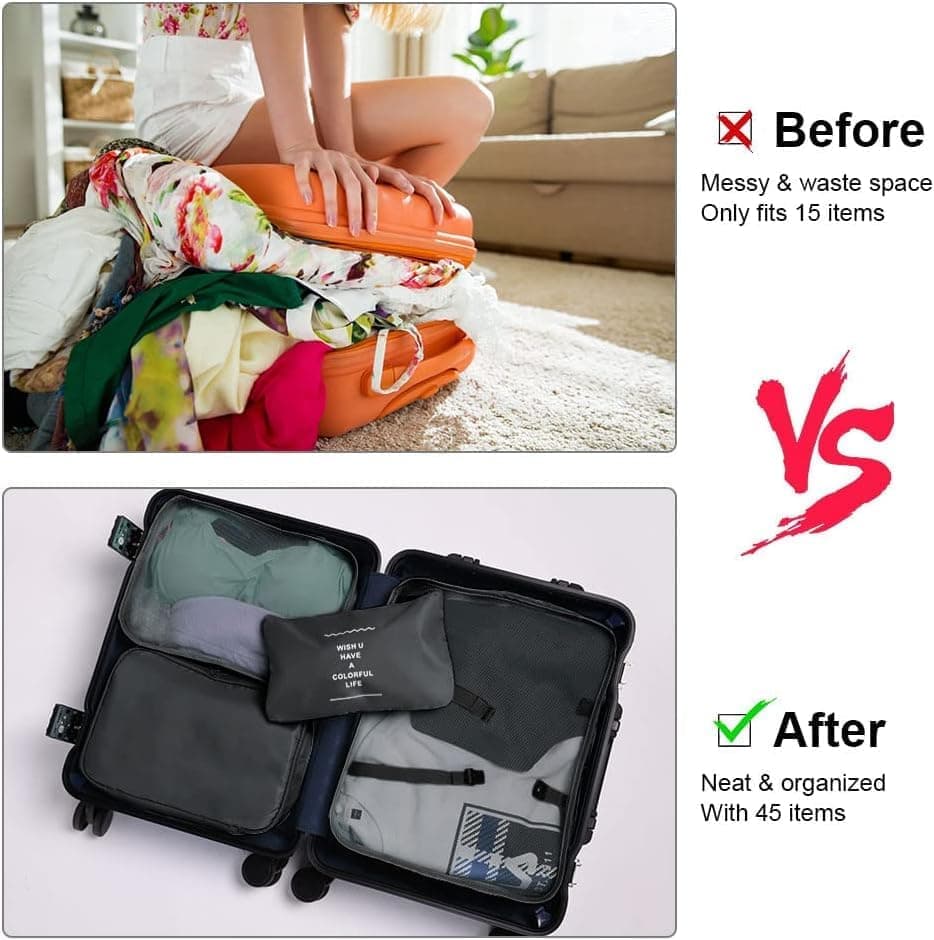 8-Piece Water Resistant Lightweight Travel Organizer for Bags, Black V1188-MS-325-0299