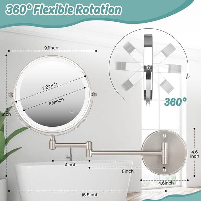 8 Inch Wall Mounted Makeup Mirror with Lights, 3x/10x Magnification, Dimmable 3 Light Modes, 360 degrees V1188-MS-325-0324