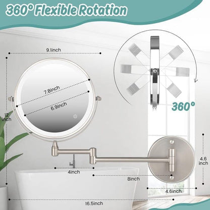 8 Inch Wall Mounted Makeup Mirror with Lights, 3x/10x Magnification, Dimmable 3 Light Modes, 360 degrees V1188-MS-325-0324