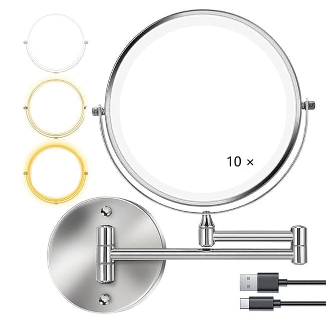 8 Inch Wall Mounted Makeup Mirror with Lights, 3x/10x Magnification, Dimmable 3 Light Modes, 360 degrees V1188-MS-325-0325