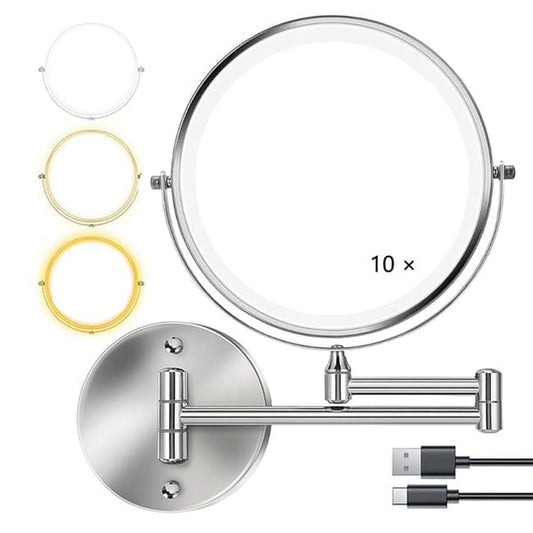 8 Inch Wall Mounted Makeup Mirror with Lights, 3x/10x Magnification, Dimmable 3 Light Modes, 360 degrees V1188-MS-325-0325