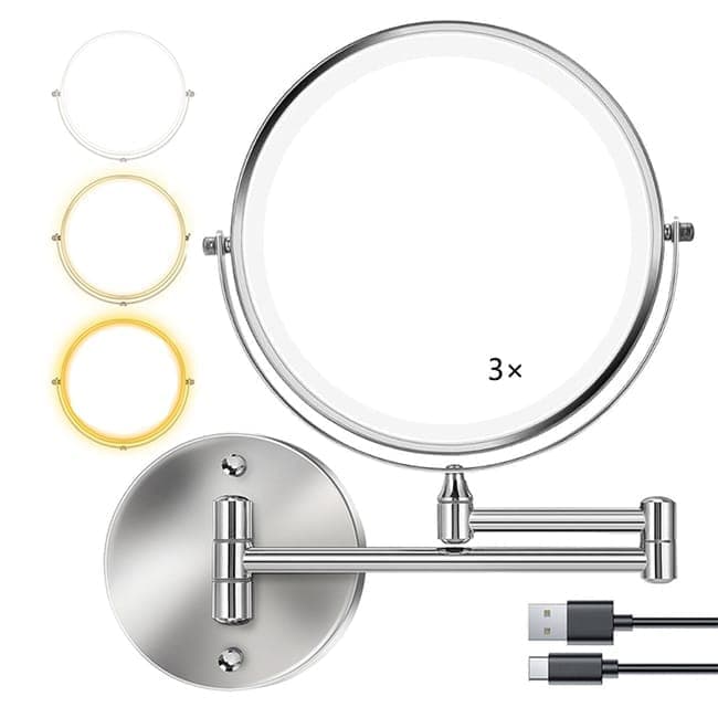 8 Inch Wall Mounted Makeup Mirror with Lights, 3x/10x Magnification, Dimmable 3 Light Modes, 360 degrees V1188-MS-325-0326