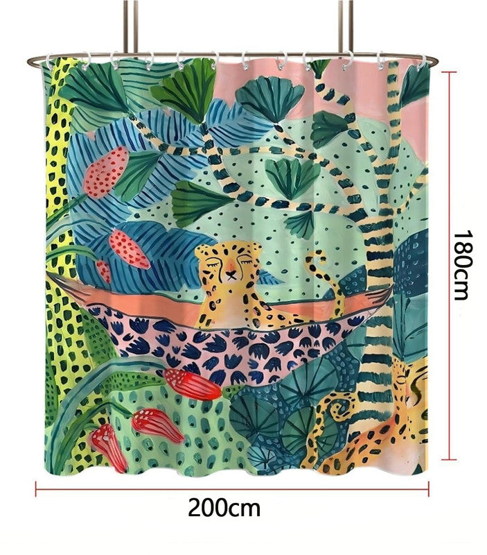 1 Waterproof Jungle Leopard Shower Curtain with 12 Hooks, Bohemian Bathroom Decor, 180x180cm V1188-MS-325-0328